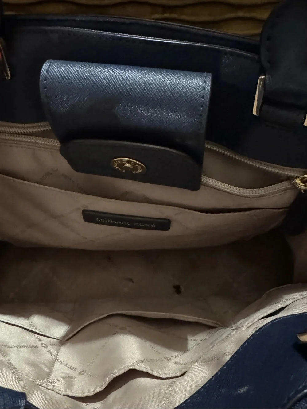 Michael Kors Navy Saffiano Satchel with Gold Hardware